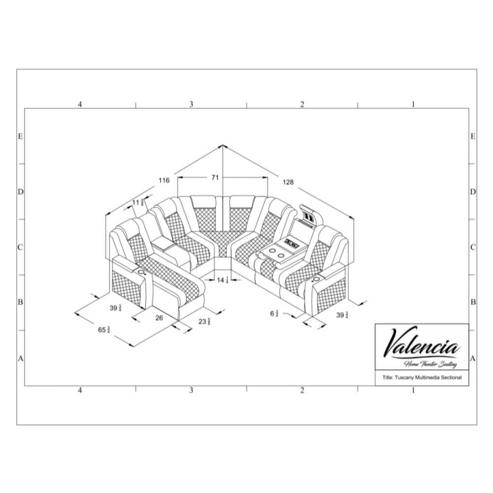 Black Valencia Tuscany Multimedia Sectional Home Theater Seating Powered Chaise Left & Dropdown Center Right Dimensions