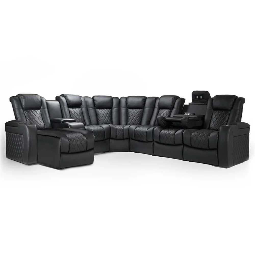 Black Valencia Tuscany Multimedia Sectional Home Theater Seating Powered Chaise Left & Dropdown Center Right