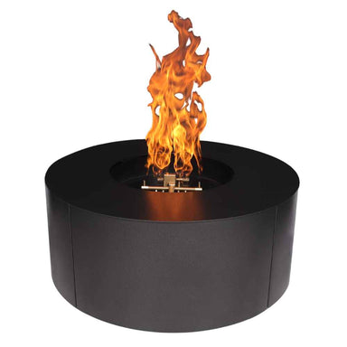 Black Warming Trends AON Steel Circular Fire Pit Table shows bright flames rising from the center burner inside