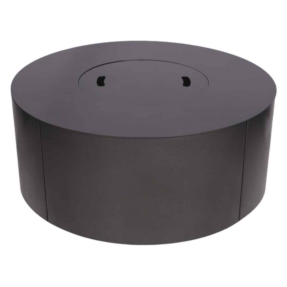 Black Warming Trends AON Steel Circular Fire Pit Table with a closed circular top cover is shown from an angle