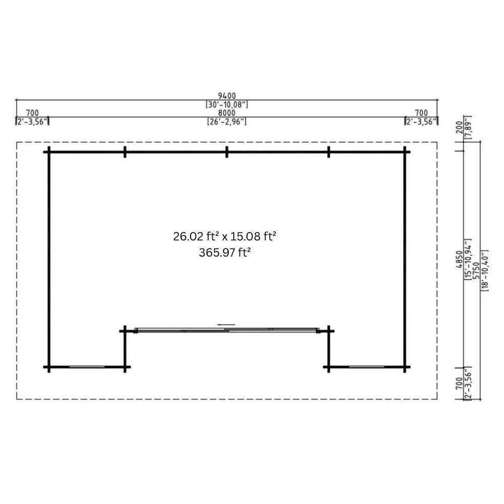 Black and white blueprint of the GardenHouse24 USA ALU Concept 44Q Garden Room displays its interior layout with dimensions and a total area of 365.6 square feet