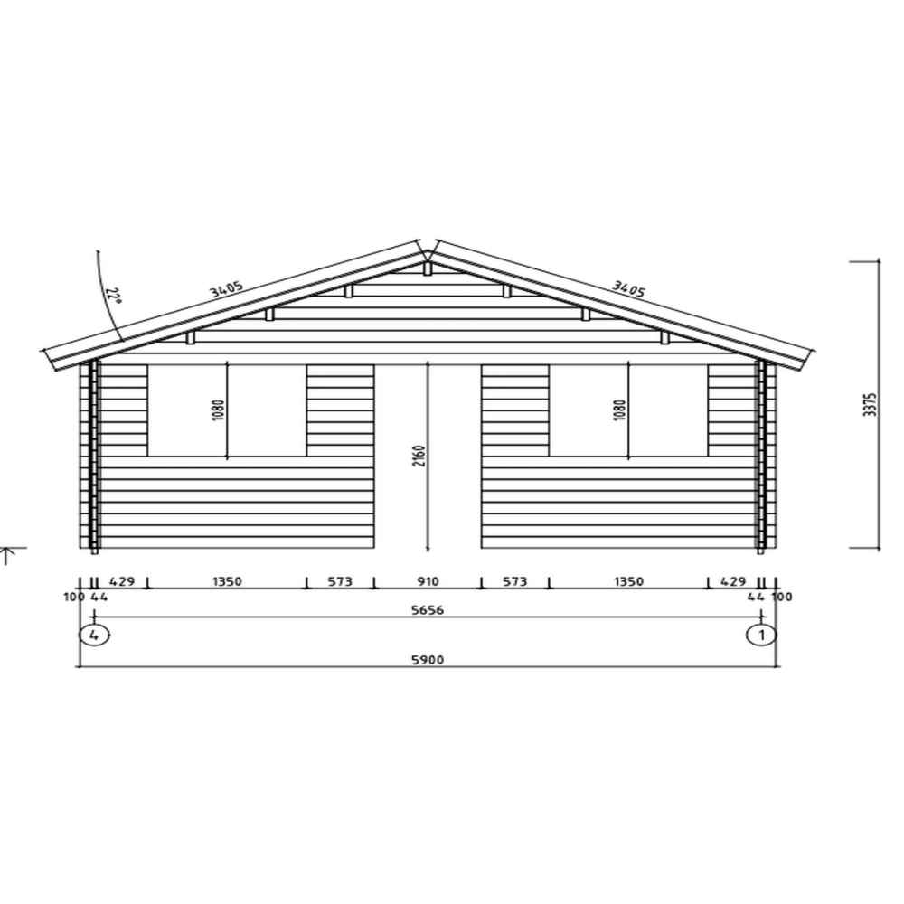Black and white technical drawing shows the front elevation of the GardenHouse24 USA Sean 44 Garden Room with detailed measurements for width, window placement, and roof slope