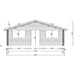 Black and white technical drawing shows the front elevation of the GardenHouse24 USA Sean 44 Garden Room with detailed measurements for width, window placement, and roof slope