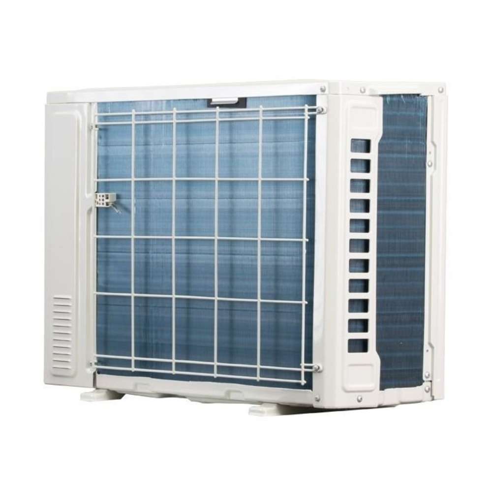Blue condenser coils and a white protective grille are visible from the rear angle of ACiQ 9000 BTU Essentials 21 SEER2 Single Zone Wall Mount Mini Split Heat Pump System