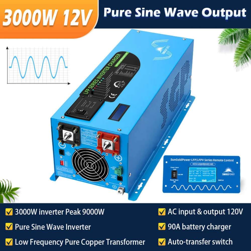 Blue pure sine wave inverter in Sun Gold Power 3000W Inverter 12VDC 120V Output LiFePO4 Battery Back-Up Off-Grid Solar Kit provides 3000W 12V power and 120V AC output
