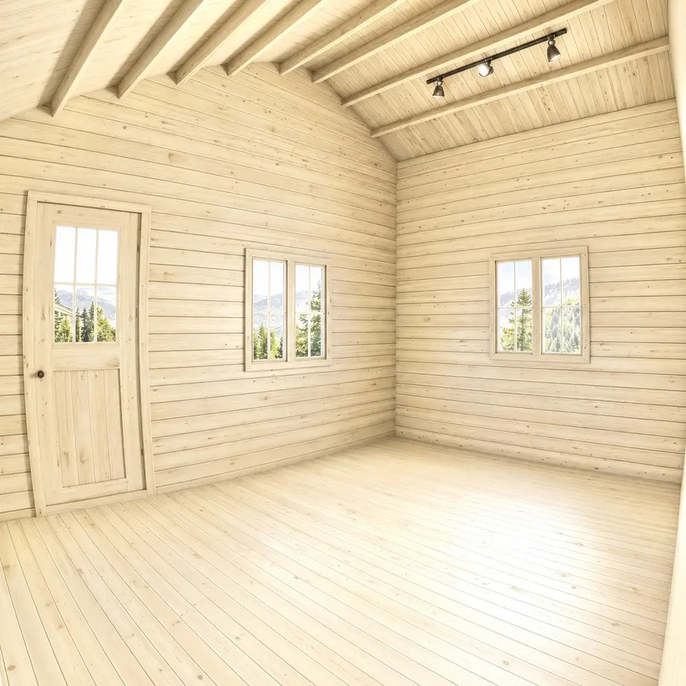 Empty BlueWater Bungalow 160 interior with pale pine walls, three windows, a wooden door, and a high vaulted ceiling with exposed rafters.