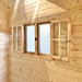 Interior close-up of wooden windows with frosted center panes and open grid shutters inside the BlueWater Bungalow 160.