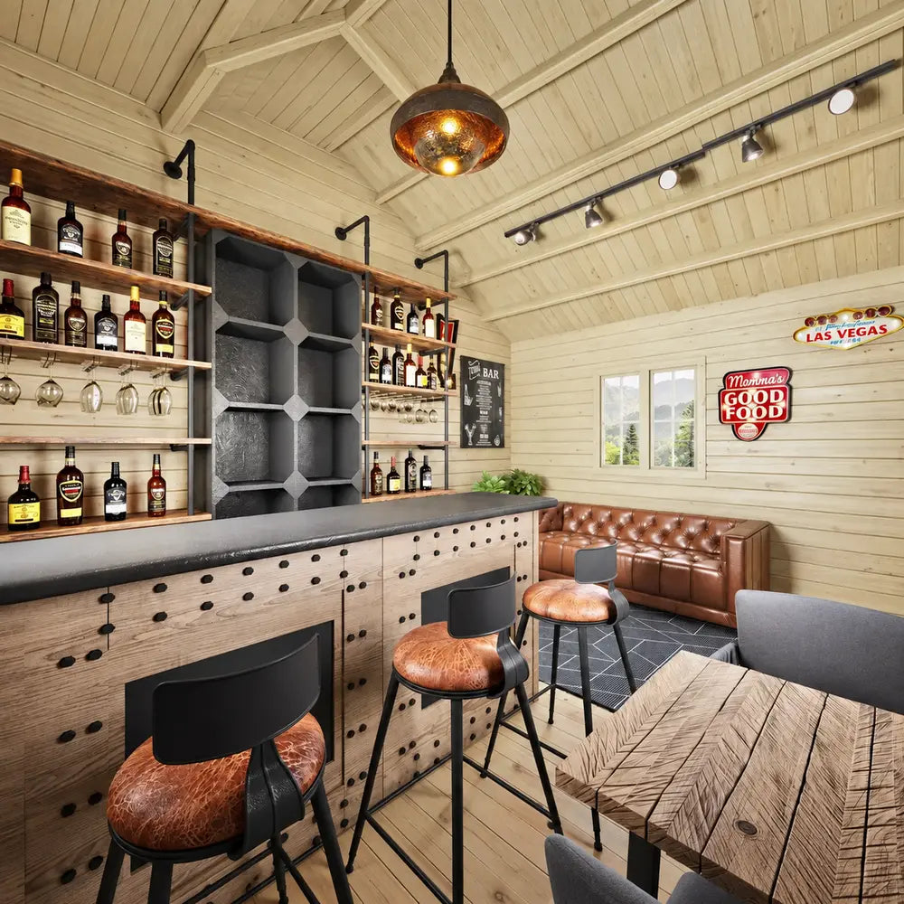 Rustic BlueWater Bungalow 160 bar interior with a studded counter, leather stools and sofa, liquor shelving, and vaulted pine ceiling.