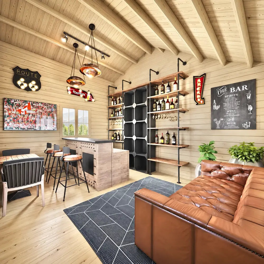 Cozy sports-bar interior in the BlueWater Bungalow 160 with leather seating, a bar counter, liquor shelving, television, and rustic decor.
