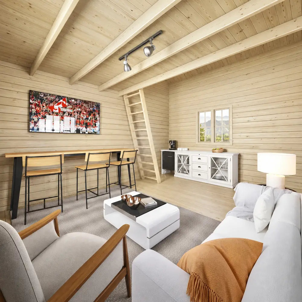 Bright pine interior of the BlueWater Loft 160 38mm with bar seating, white lounge furniture, a cabinet, and loft ladder.