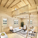 Double-height living room inside the BlueWater Loft 160 38mm with a white sofa, tall windows, loft railing, and wooden ladder.