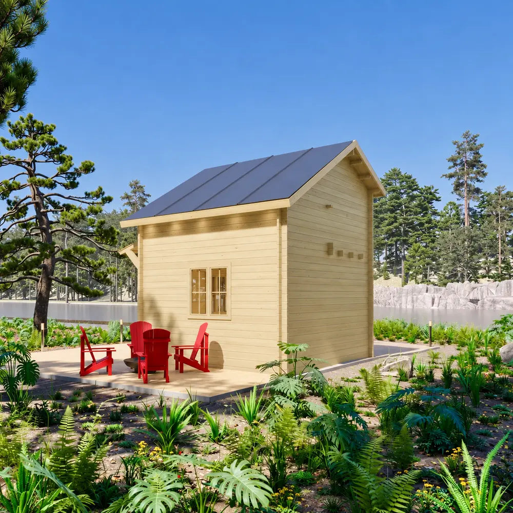 Rear view of the BlueWater Loft 160 38mm with a clean wooden facade and red Adirondack chairs around a fire pit.