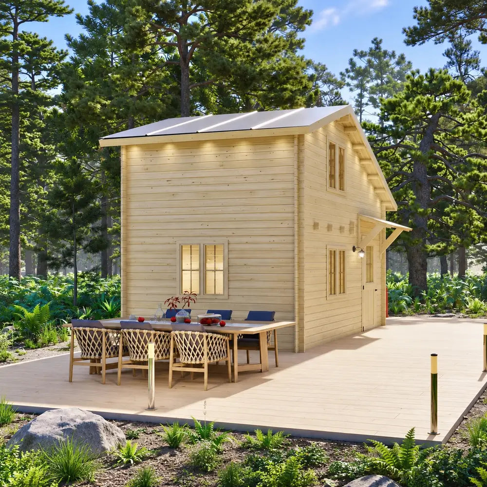 Side view of the BlueWater Loft 160 38mm showing its modern roofline, tall windows, and long outdoor dining table.