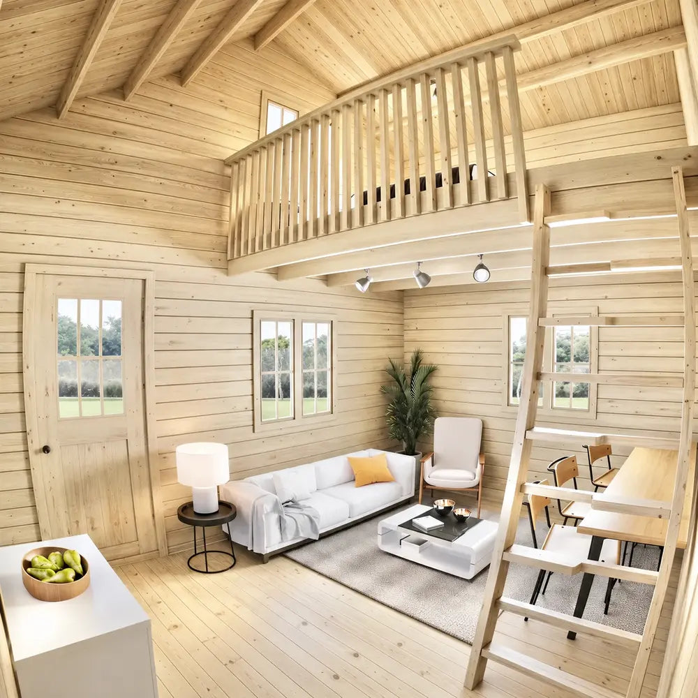 Bright double-height living room in the BlueWater Loft 160 with a white sofa, loft railing, and wooden access ladder.