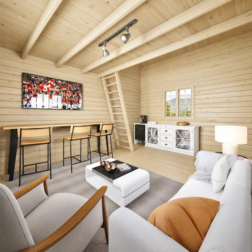 Bright pine interior of the BlueWater Loft 160 with a white sofa, bar seating, cabinet, and ladder to the loft.