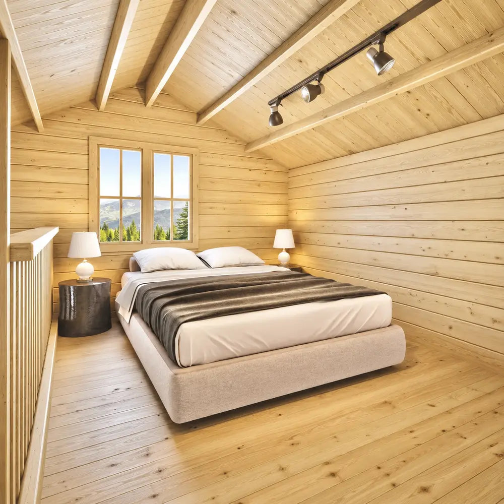 Cozy BlueWater Loft 160 bedroom with a double bed beneath a sloped pine ceiling and a window overlooking mountains.