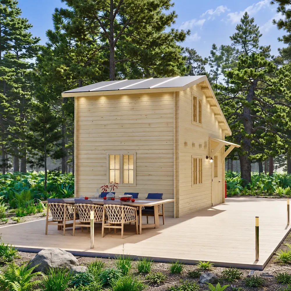 Side view of the BlueWater Loft 160 showing its natural-wood exterior and long dining table on the extended deck.