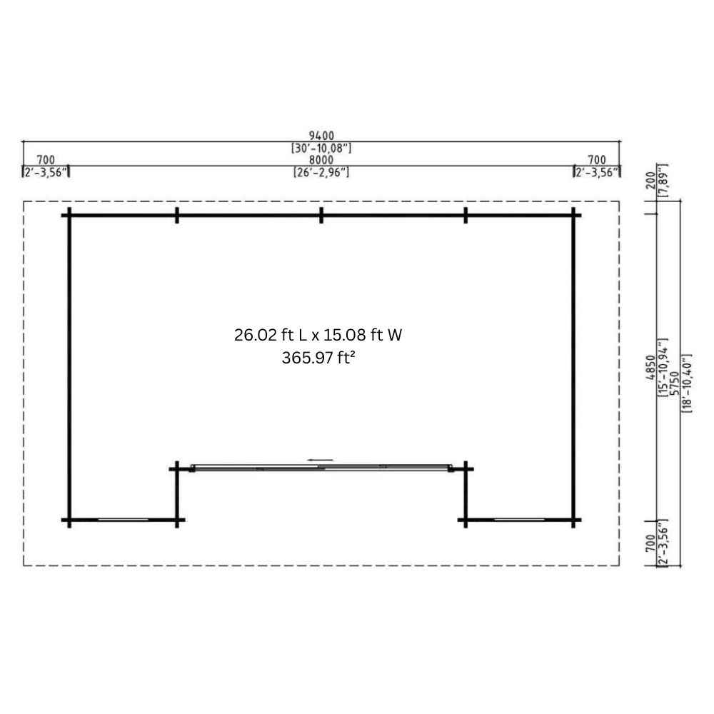 Blueprint of GardenHouse24 USA ALU Concept 44Q Garden Room displays its interior layout with dimensions and a total area of 365.6 square feet