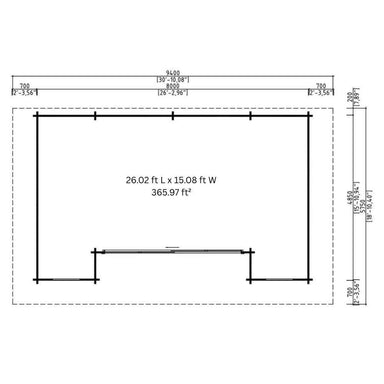 Blueprint of GardenHouse24 USA ALU Concept 44Q Garden Room displays its interior layout with dimensions and a total area of 365.6 square feet