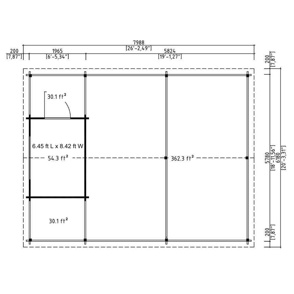 Blueprint shows the floorplan of GardenHouse24 USA Carport Hugo 44 Garden Room, outlining separate areas for storage and dual car spaces