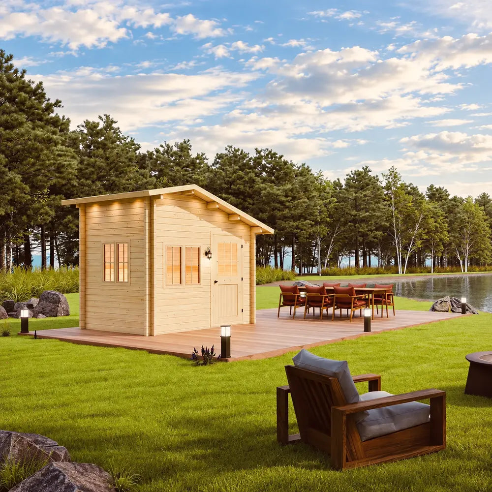 Bluewater Den 67 beside a pond with an outdoor dining table, pathway lights and cushioned lounge seating in the foreground.