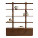 Books, pottery, and decorative accessories style Crate & Barrel Steppe 68" Walnut Storage Bookcase Room Divider, showing its open shelving and enclosed cabinet storage