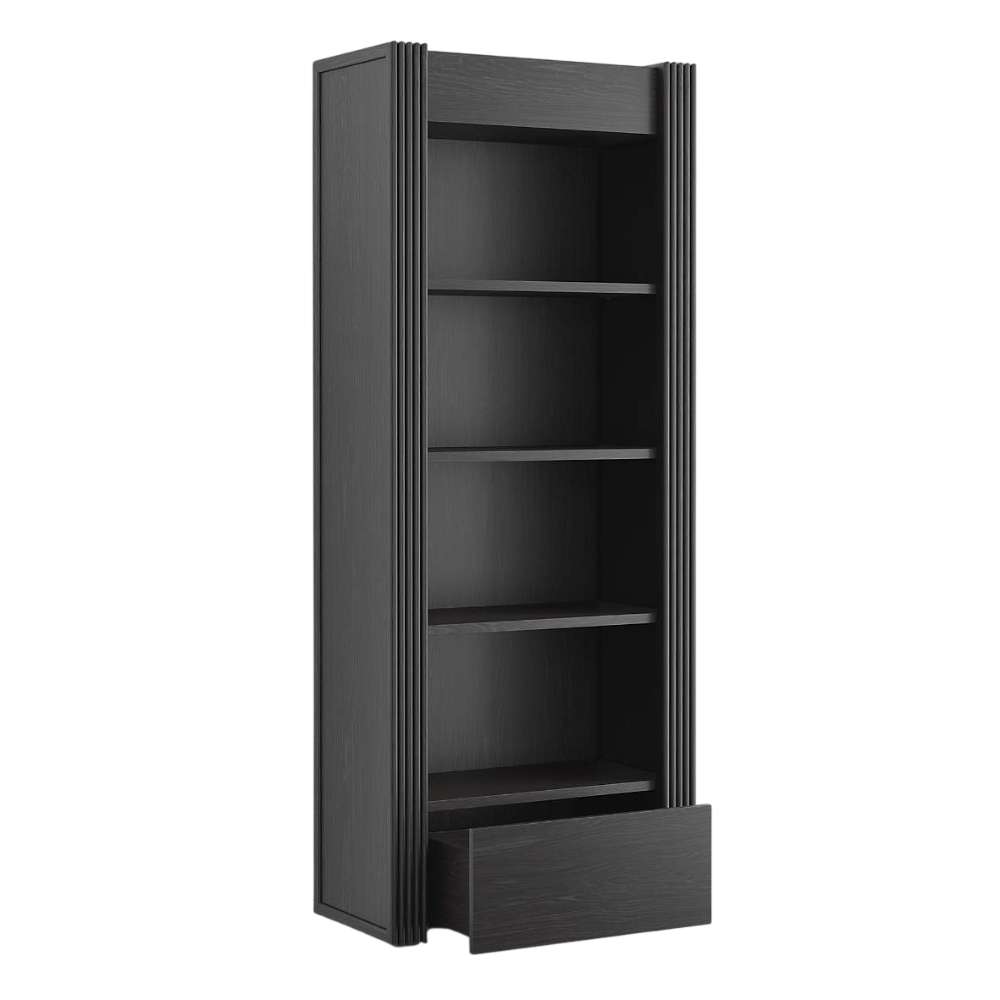Bottom drawer opened on Crate & Barrel Siena 34" Black Wood 4-Shelf Storage Bookcase with Drawer revealing hidden storage space