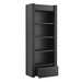 Bottom drawer opened on Crate & Barrel Siena 34" Black Wood 4-Shelf Storage Bookcase with Drawer revealing hidden storage space