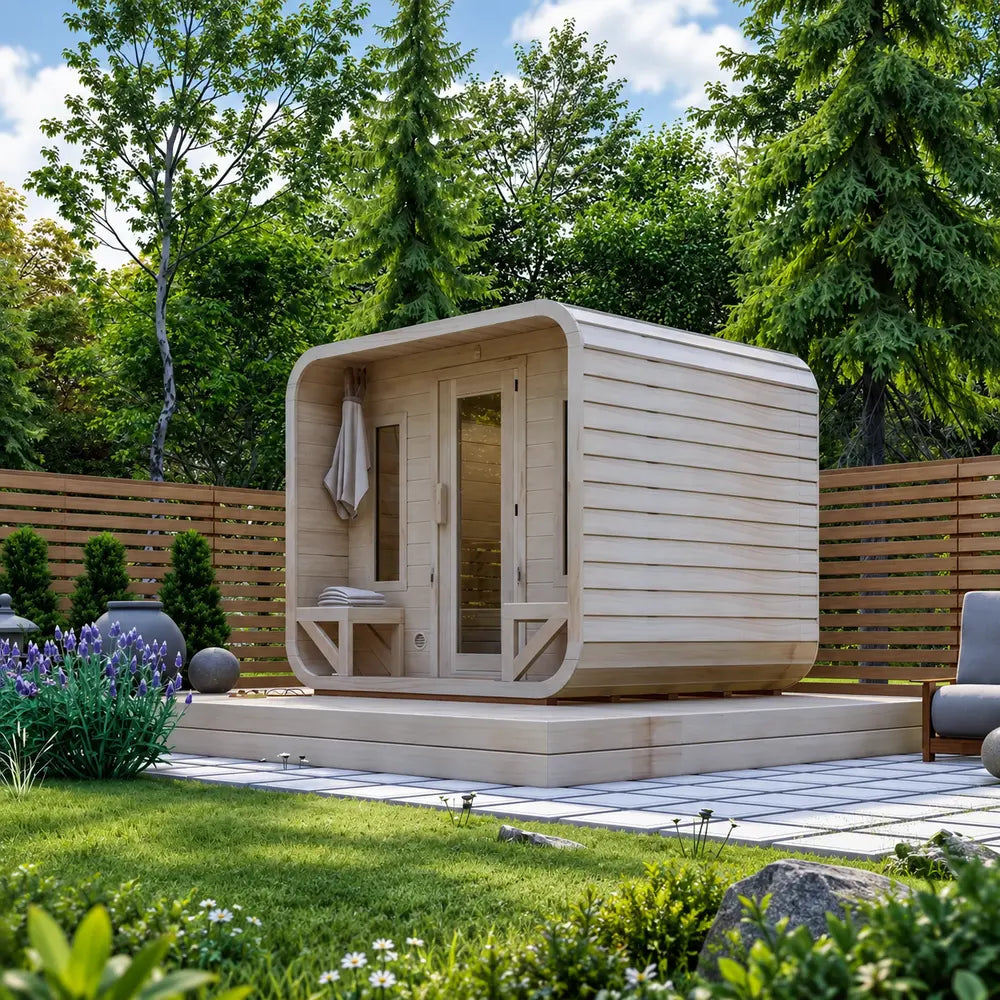 Angled view of the modern Sawmill Structures Box Sauna with rounded wooden edges, a glass entrance, porch benches, and a raised platform in a landscaped garden.