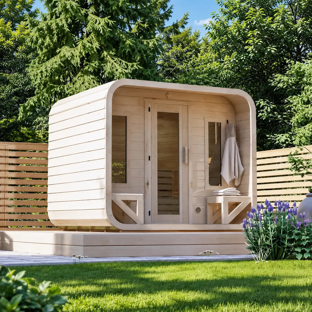 Front view of the Sawmill Structures Box Sauna with a curved light-wood exterior, central glass door, narrow windows, porch benches, and neatly placed towels.