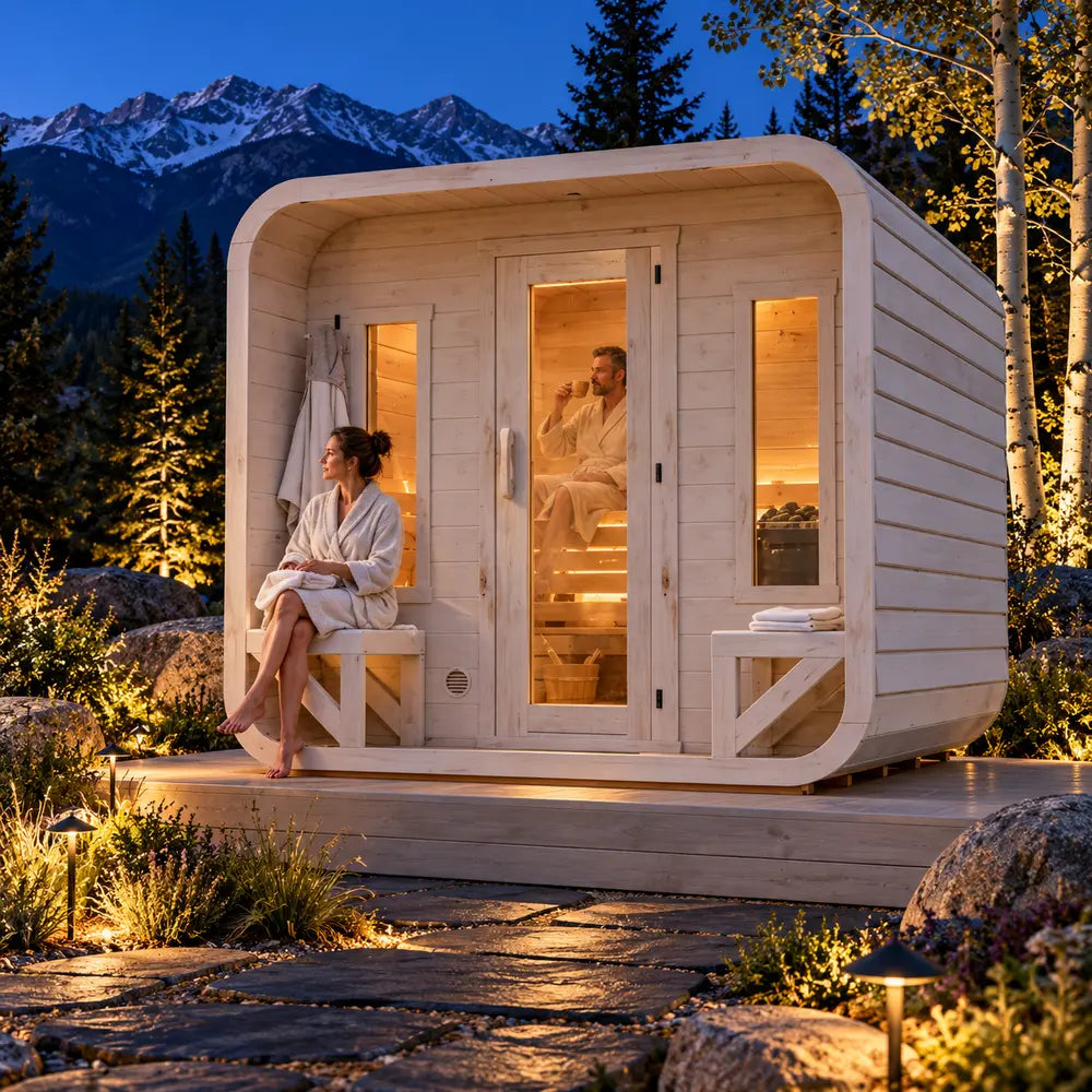Box Sauna outdoor sauna illuminated on a clear Colorado night, with warm interior lighting, two adults relaxing after a sauna session, and snow-dusted mountains in the distance.
