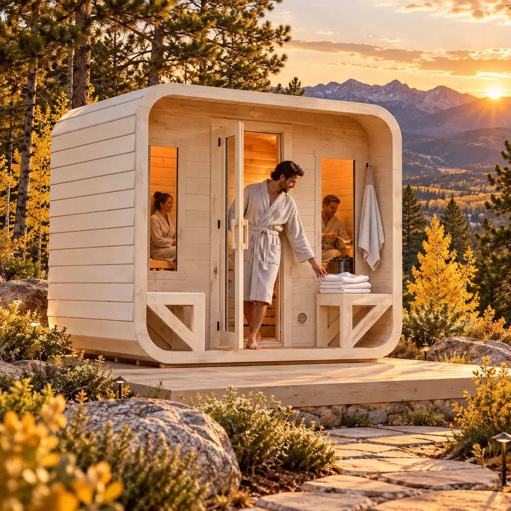 Box Sauna outdoor sauna glowing at golden hour among Colorado aspens and Rocky Mountain scenery, with robed adults enjoying the sauna and preparing fresh towels.