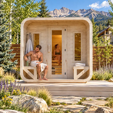 Box Sauna outdoor sauna in a sunny Colorado mountain backyard, with one adult relaxing inside and another cooling down with water on the exterior bench.