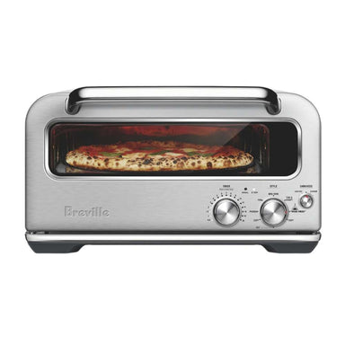 Breville® Smart Oven® Pizzaiolo Pizza Oven front view shows a baked pizza visible through the glass oven window