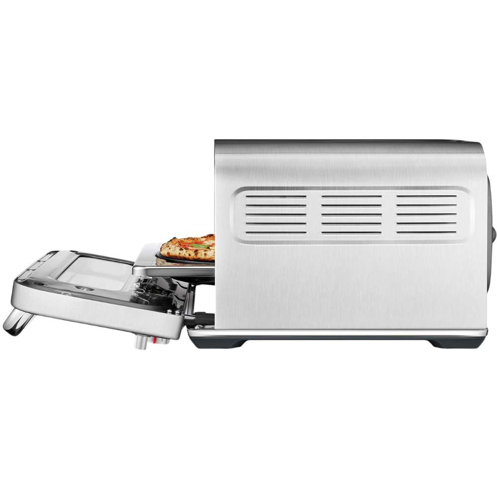 Breville® Smart Oven® Pizzaiolo Pizza Oven side view shows the open door with a baked pizza resting on the extended tray