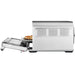 Breville® Smart Oven® Pizzaiolo Pizza Oven side view shows the open door with a baked pizza resting on the extended tray