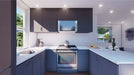 Bright kitchen in Sawmill Structures The Muskoka Garden Suites features dark cabinetry, white countertops, and a full appliance suite in a U-shaped layout