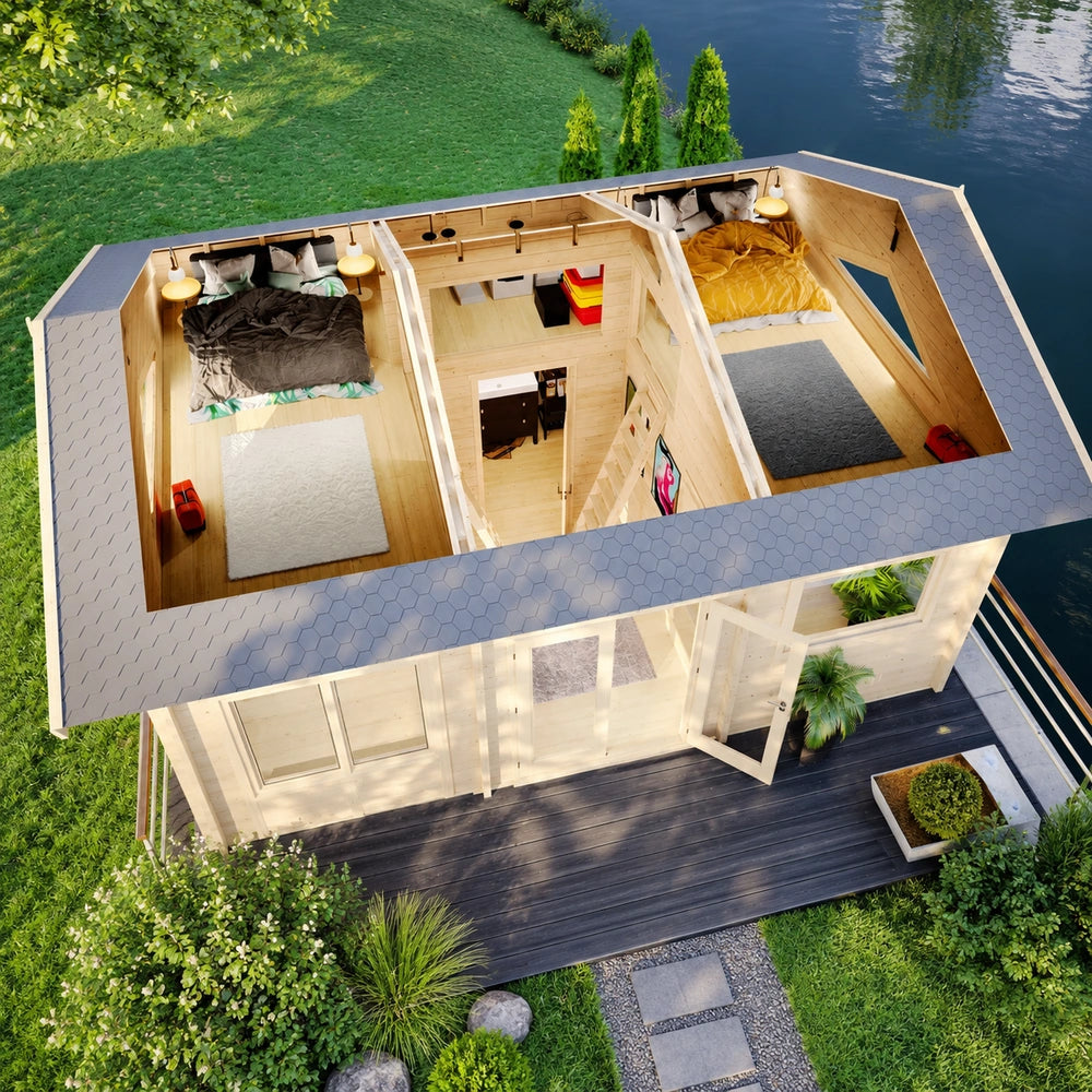 Overhead cutaway of the Britt 44 garden room loft showing two furnished bedrooms separated by a central hallway and ladder.