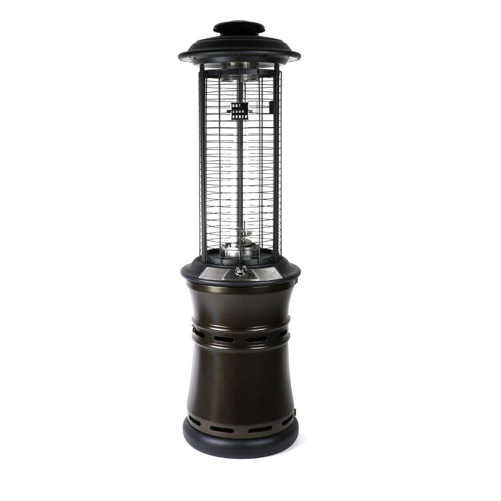 Bronze Outdoor Order Axis Collapsible Heater stands upright with its round hood, caged glass tube, and tapered base on a white background