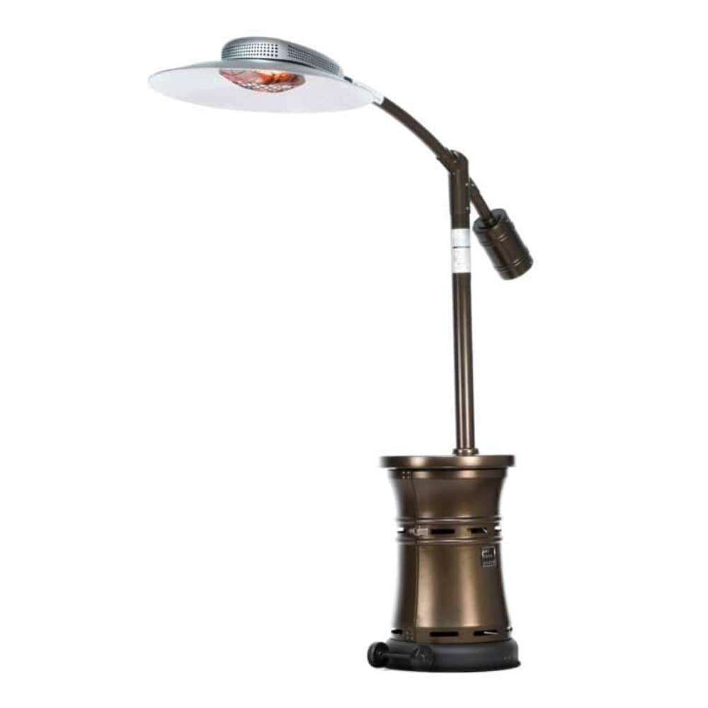 Bronze Outdoor Order Curve Infrared Heater has a freestanding base, tall post, curved arm, and circular heating head