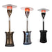 Bronze, Titanium, and Carbon Outdoor Order Halo Traditional Heater units stand in a row with glowing burner heads