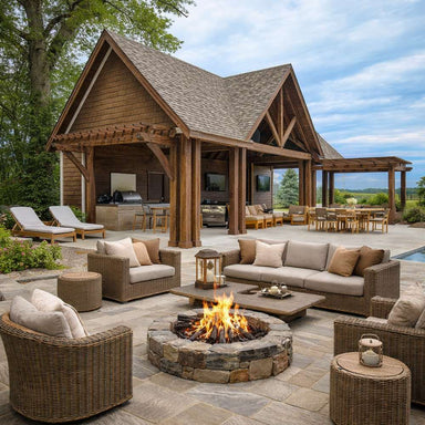 Brookside Timber Frame Denalivue Pavilion outdoor living space with timber pavilion, kitchen, dining area, wicker seating, and central fire pit