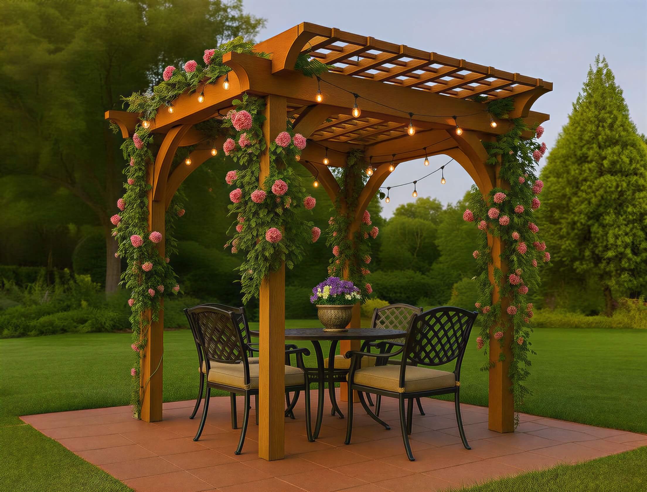 Brookside Timber Frame Hawthorne Pergola creates a peaceful patio space with floral-covered posts and a simple outdoor dining table