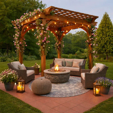 Brookside Timber Frame Hawthorne Pergola features a cozy outdoor lounge with string lights, floral vines, wicker seating, and a central fire pit