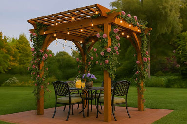 Brookside Timber Frame Hawthorne Pergola shades a backyard dining set with four chairs, climbing flowers, and warm string lighting