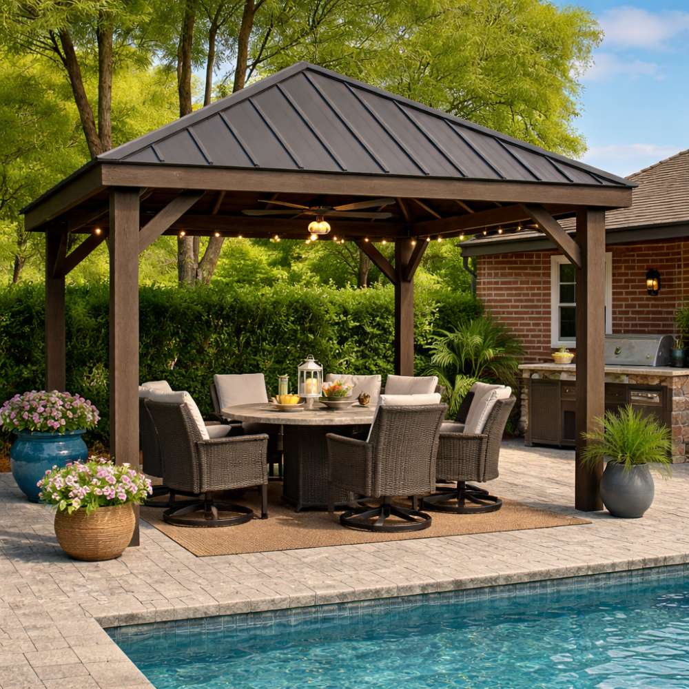 Brookside Timber Frame Stonewood Pavilion is beside a swimming pool with a shaded dining set underneath, surrounded by greenery and a nearby outdoor kitchen
