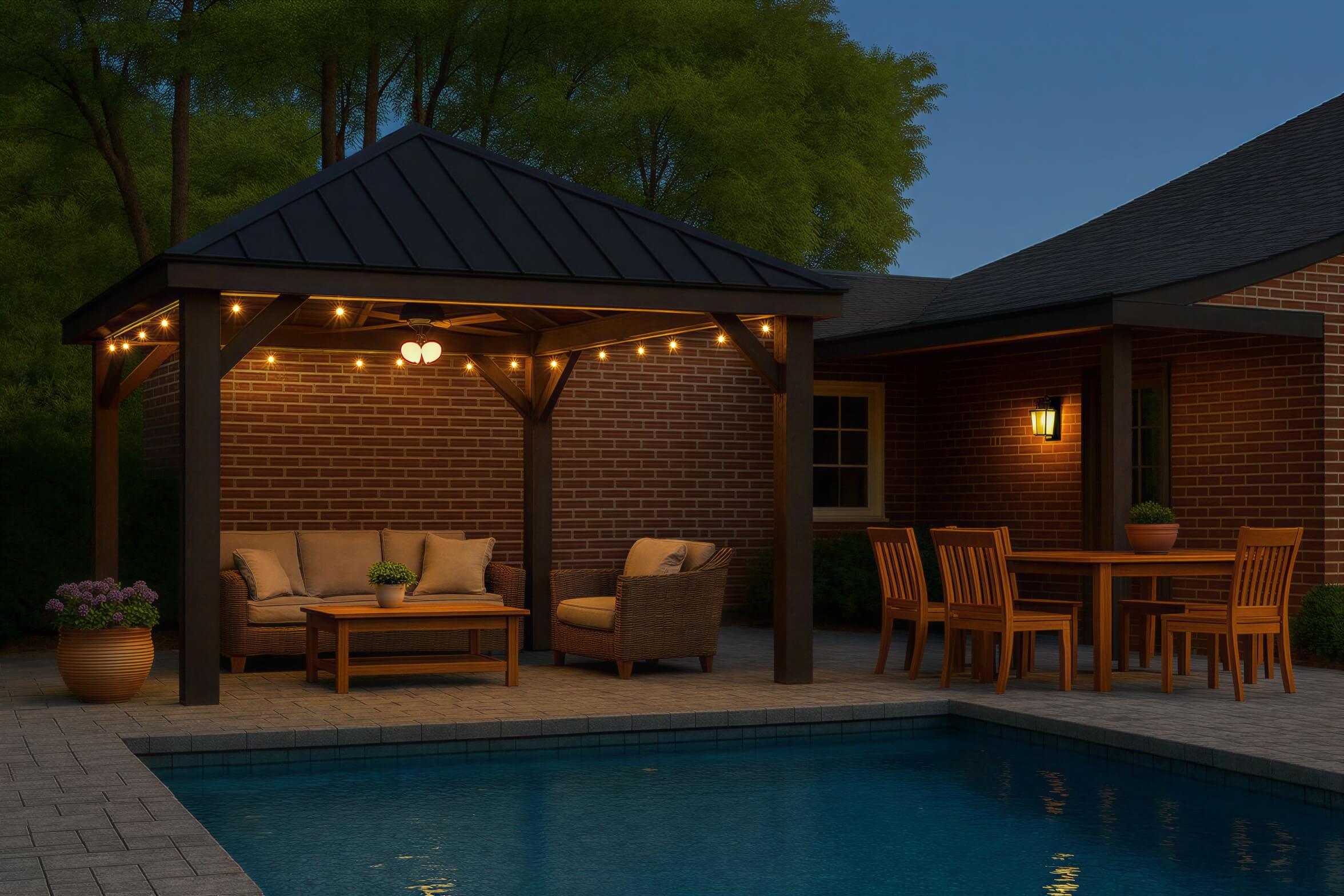 Brookside Timber Frame Stonewood Pavilion is illuminated at night with warm string lights, creating a relaxing lounge space next to a pool and outdoor dining area