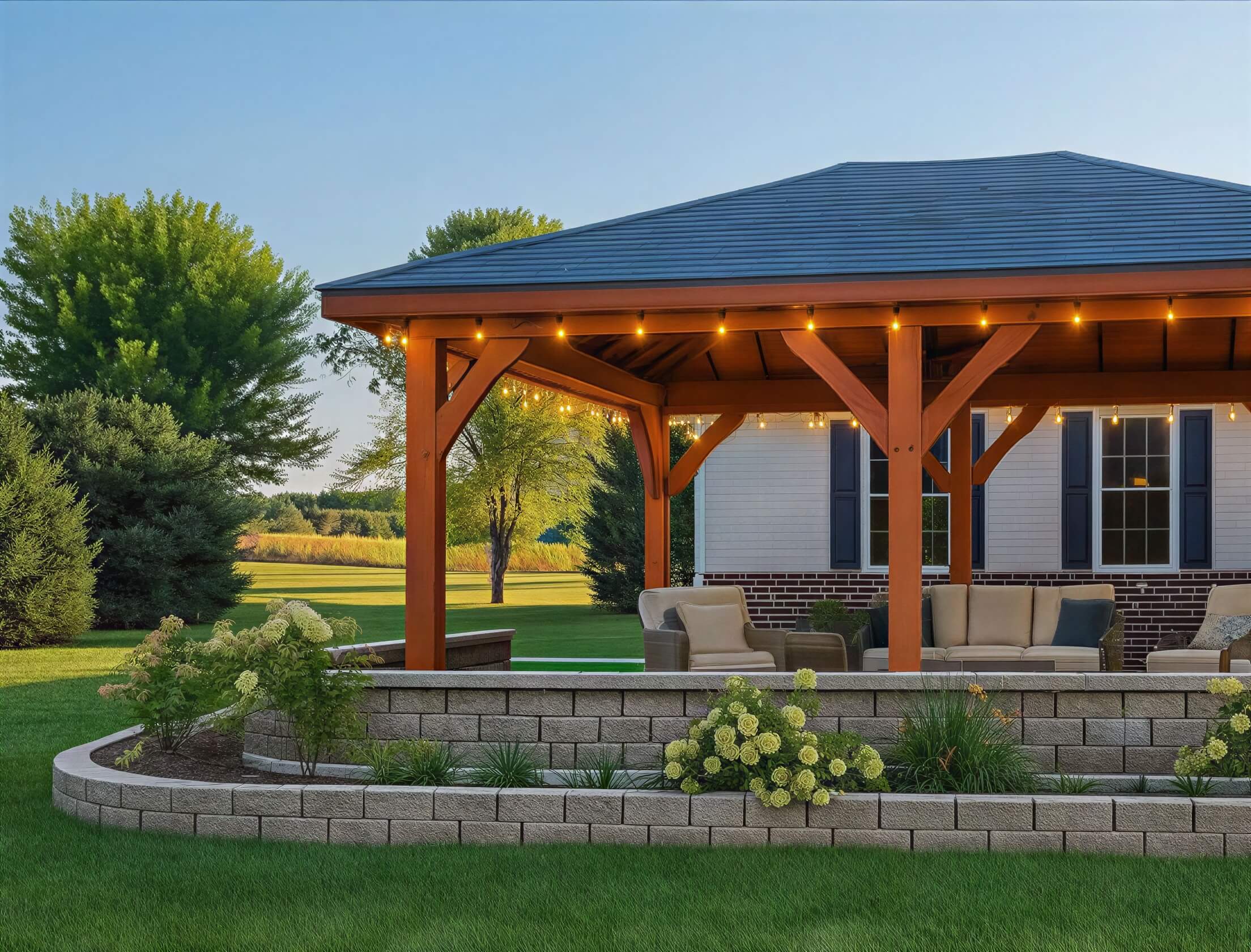 Brookside Timber Frame Timber Crest Pavilion is shown from the side with outdoor seating, landscaped greenery, and an open view of a peaceful yard