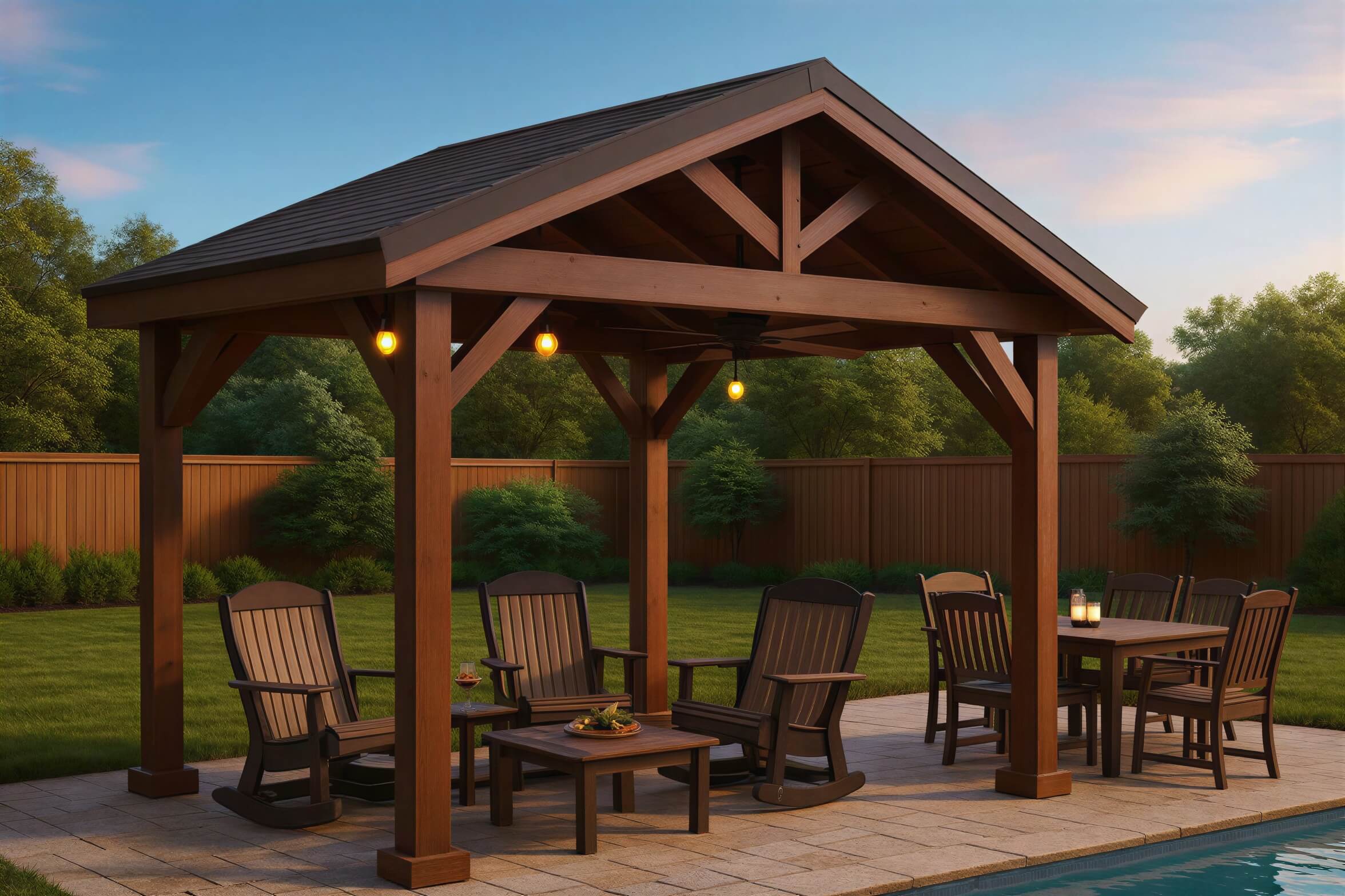 Brookside Timber Frame Veranda Pavilion stands over a patio with wooden chairs and a dining set, softly lit by hanging lights in a backyard setting