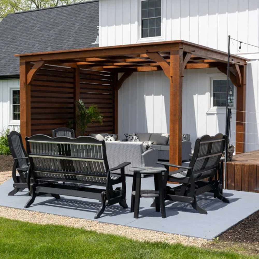 Brookside Timber Frame Timber Resort Pergola enhances this outdoor seating area with its robust wooden frame